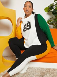 SHEIN CURVE+ Plus Letter Graphic Colourblock Tee & Leggings - Multicolor - View 6