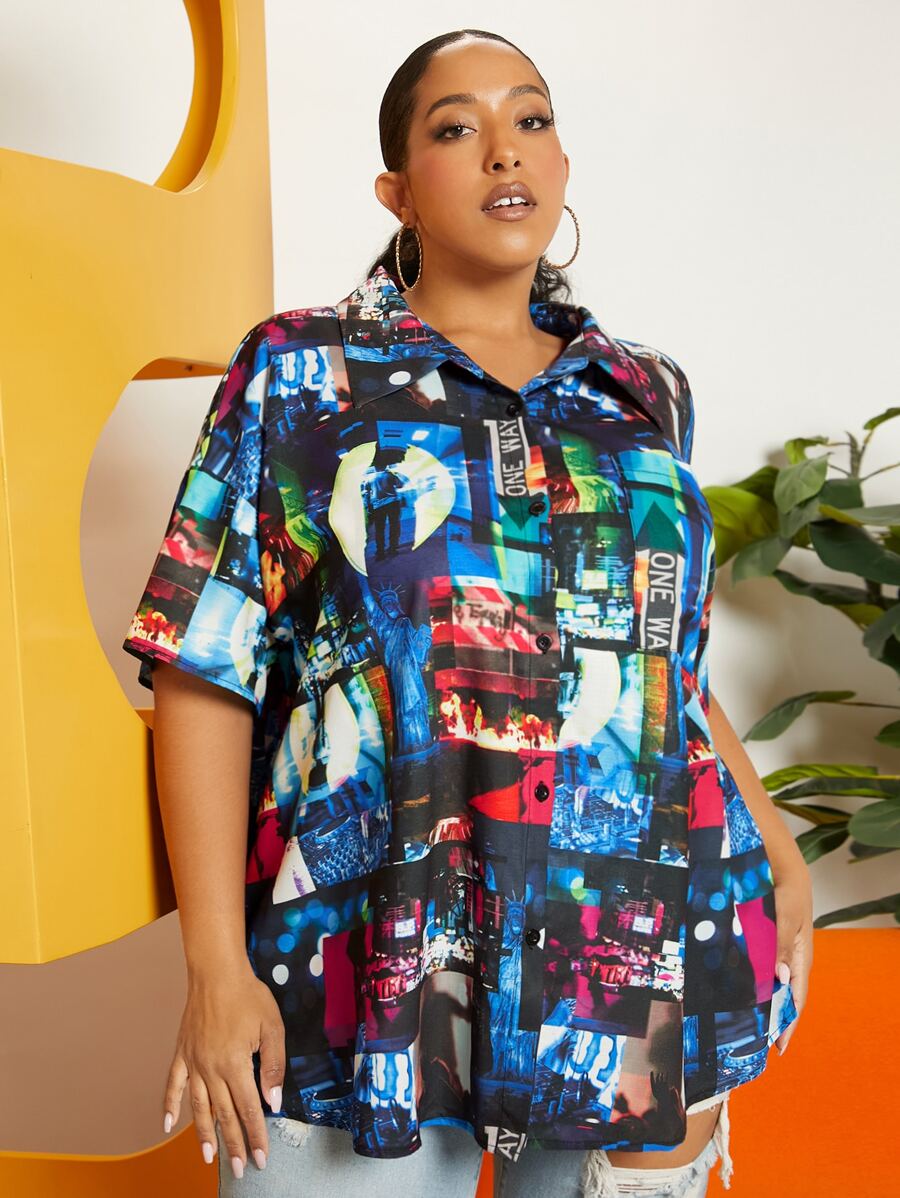 SHEIN CURVE+ Plus Graffiti Print Button Front Shirt - Multicolor - View 1