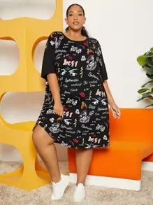 SHEIN CURVE+ Plus Letter Graphic Drop Shoulder Tee Dress - Multicolor - View 1