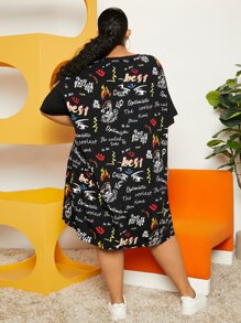 SHEIN CURVE+ Plus Letter Graphic Drop Shoulder Tee Dress - Multicolor - View 2