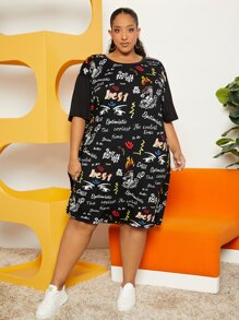 SHEIN CURVE+ Plus Letter Graphic Drop Shoulder Tee Dress - Multicolor - View 4