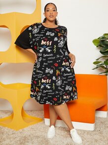 SHEIN CURVE+ Plus Letter Graphic Drop Shoulder Tee Dress - Multicolor - View 5