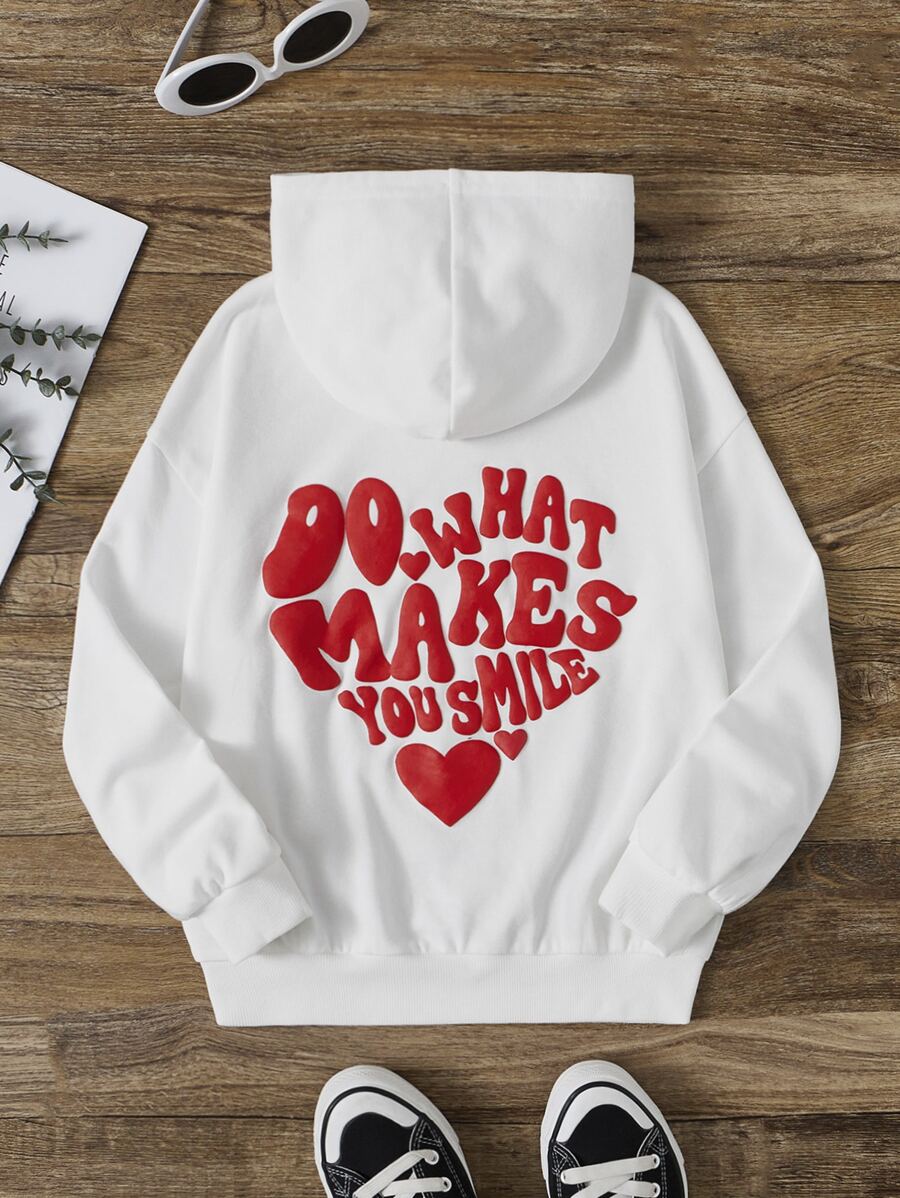 SHEIN 女孩愛心和標語圖案落肩袖連帽衫