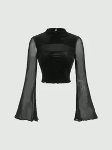 SHEIN MOD Contrast Mesh Lettuce Trim Velvet Tee - Black - View 2
