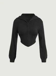 SHEIN MOD Hook And Eye Hoodie - Black - View 2