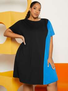 SHEIN CURVE+ Vestido estilo camiseta de dos tonos - Negro - Ver 3