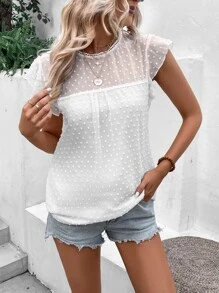 SHEIN VCAY 圓點網紗蝴蝶袖襯衫 - 白色 - 查看 6