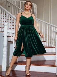 Plus Split Thigh Velvet Cami Bridesmaid Dress - Dark Green - View 1