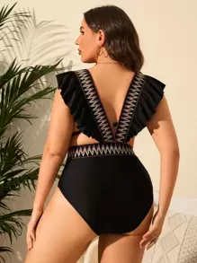 SHEIN Swim Curve Plus Size Chevron Print Ruffle Trim Cut Out One Piece Swimsuit Summer