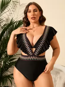 SHEIN Swim Curve Plus Size Chevron Print Ruffle Trim Cut Out One Piece Swimsuit Summer