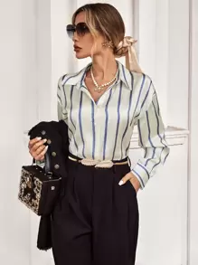 Aveloria Striped Print Drop Shoulder Shirt Workwear Button Up Shirt Women  - Beige - View 1