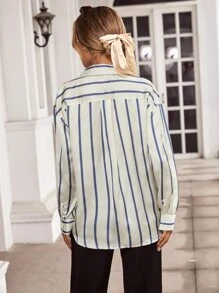 Aveloria Striped Print Drop Shoulder Shirt Workwear Button Up Shirt Women  - Beige - View 2