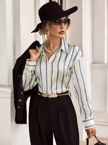 Aveloria Striped Print Drop Shoulder Shirt Workwear Button Up Shirt Women  - Beige - View 3