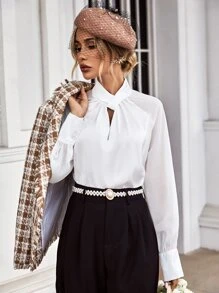 SHEIN Essnce Keyhole Neck Raglan Sleeve Twist Front Blouse - White - View 1