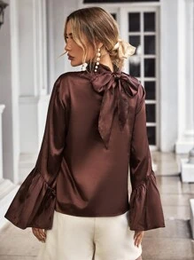 Tie Back Flounce Sleeve Top - Coffee Brown - View 1