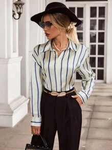 Aveloria Striped Print Drop Shoulder Shirt Workwear Button Up Shirt Women  - Beige - View 5