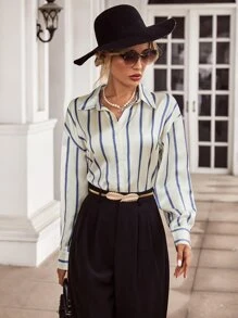 Aveloria Striped Print Drop Shoulder Shirt Workwear Button Up Shirt Women  - Beige - View 6