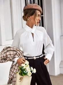 SHEIN Essnce Keyhole Neck Raglan Sleeve Twist Front Blouse - White - View 3