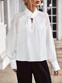 SHEIN Essnce Keyhole Neck Raglan Sleeve Twist Front Blouse - White - View 4