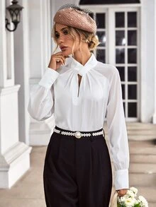 SHEIN Essnce Keyhole Neck Raglan Sleeve Twist Front Blouse - White - View 5