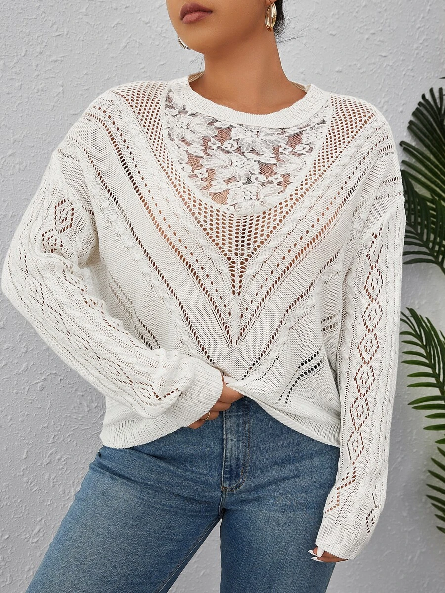 SHEIN Clasi Suéter de punto con inserción de encaje floral, hombros caídos y punto de aguja para otoño e invierno - Beis - Ver 1