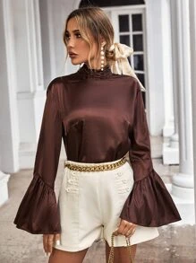 Tie Back Flounce Sleeve Top - Coffee Brown - View 4