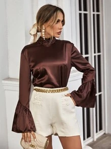 Tie Back Flounce Sleeve Top - Coffee Brown - View 5