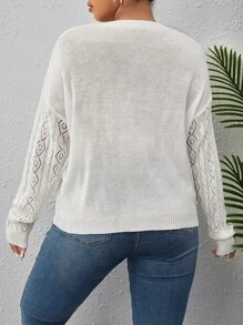 SHEIN Clasi Suéter de punto con inserción de encaje floral, hombros caídos y punto de aguja para otoño e invierno - Beis - Ver 2