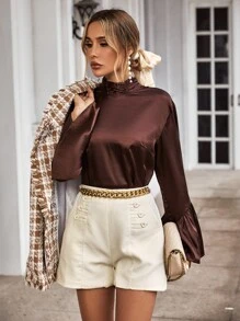 Tie Back Flounce Sleeve Top - Coffee Brown - View 6