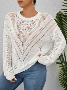SHEIN Clasi Suéter de punto con inserción de encaje floral, hombros caídos y punto de aguja para otoño e invierno - Beis - Ver 3