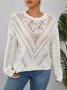 SHEIN Clasi Suéter de punto con inserción de encaje floral, hombros caídos y punto de aguja para otoño e invierno - Beis - Ver 4