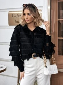SHEIN Privé Fringe Trim Button Front Shirt - Black - View 1