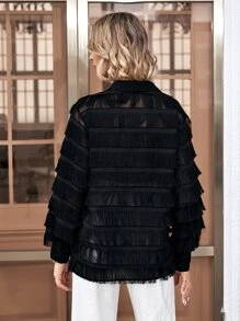 SHEIN Privé Fringe Trim Button Front Shirt - Black - View 2