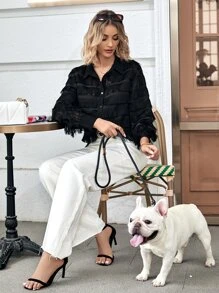 SHEIN Privé Fringe Trim Button Front Shirt - Black - View 6