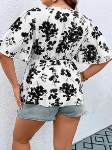 SHEIN Clasi Plus Floral Print Butterfly Sleeve Peplum Belted Blouse - Black and White - View 2