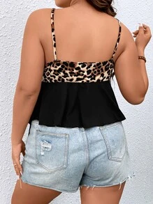 SHEIN LUNE Plus Leopard Print Crisscross Front Contrast Lace Cami Top - Multicolor - View 2