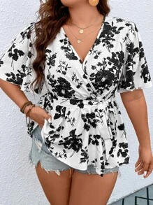 SHEIN Clasi Plus Floral Print Butterfly Sleeve Peplum Belted Blouse - Black and White - View 6