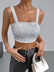 SHEIN BAE Sequin Crop Cami Top - Silver - View 1