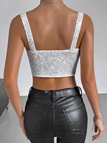 SHEIN BAE Sequin Crop Cami Top - Silver - View 2