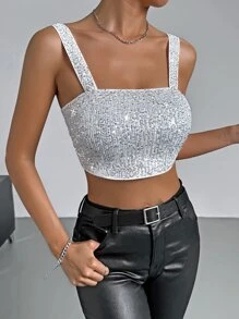 SHEIN BAE Sequin Crop Cami Top - Silver - View 3
