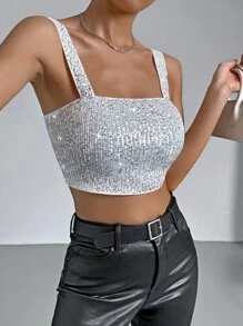SHEIN BAE Sequin Crop Cami Top - Silver - View 5