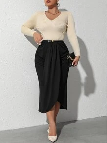 SHEIN Clasi Falda de talle alto con fruncido fruncido sin cinturón - Negro - Ver 1