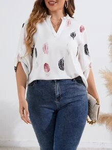 SHEIN LUNE Blusa con estampado de pluma de manga enrollada con botón - Blanco - Ver 1