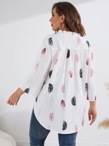 SHEIN LUNE Blusa con estampado de pluma de manga enrollada con botón - Blanco - Ver 2