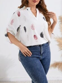 SHEIN LUNE Blusa con estampado de pluma de manga enrollada con botón - Blanco - Ver 4