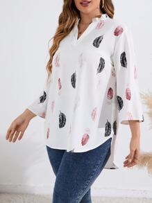 SHEIN LUNE Blusa con estampado de pluma de manga enrollada con botón - Blanco - Ver 6