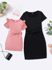 Toddler Girls Ruffle Trim Belted Tee Dress - Baby Pink - View 6