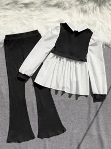 SHEIN Tween Girl Ribbed Knit Ruffle Hem 2 In 1 Blouse & Flare Leg Pants