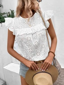 SHEIN VCAY Eyelet Embroidery Ruffle Trim Schiffy Blouse - White - View 6