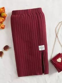 SHEIN Girls Patch Detail Split Hem Pencil Skirt - Burgundy - View 1
